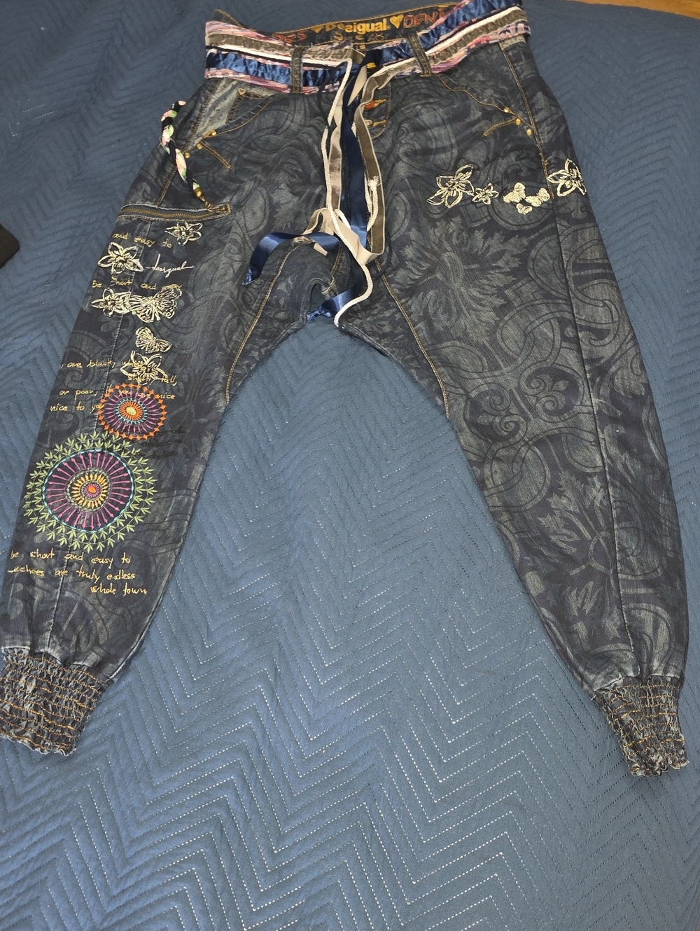 Desigual Dark Denim Joggers with Multicolor Embroidered Accents